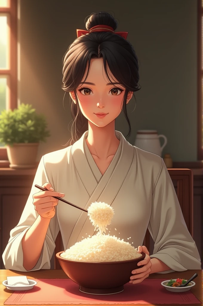 The lady was eating rice in the house