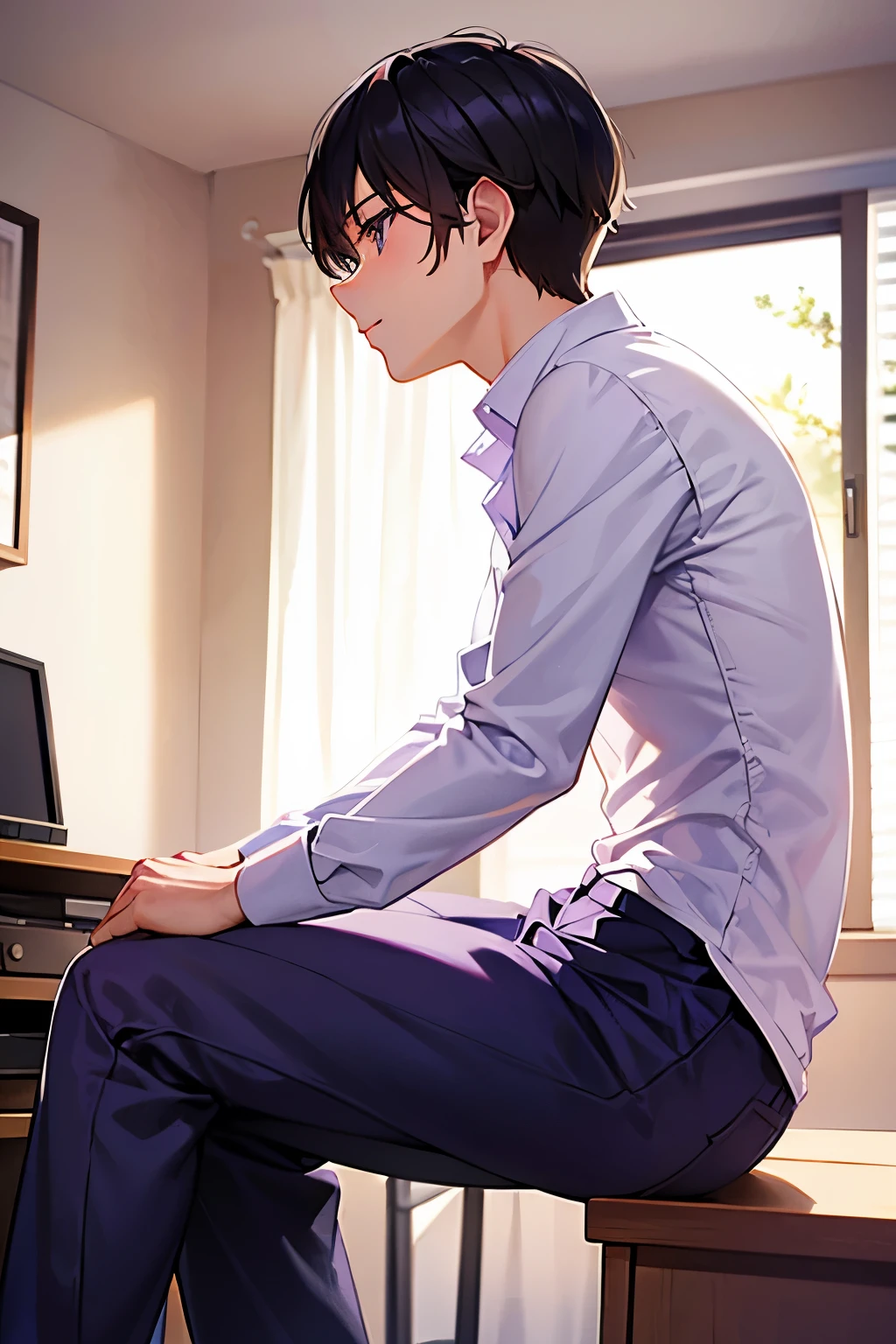 boy,purple underwear,white long sleeve shirt,bedroom,sitting,from the side,