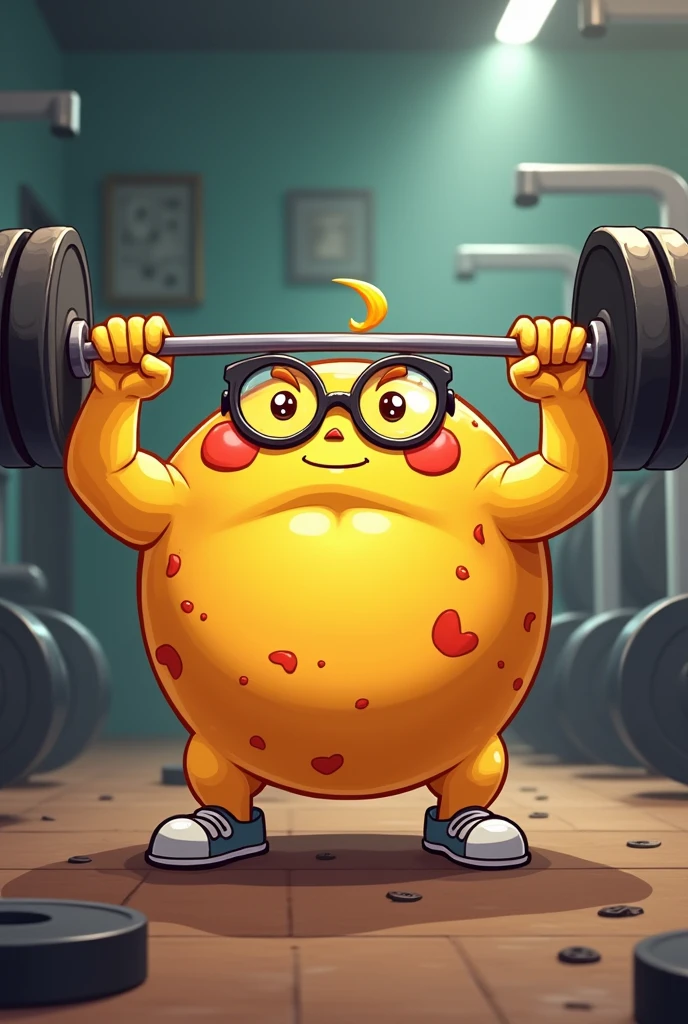 Draw a round cheese bread like a ball with two arms lifting weights at the gym. It needs to have glasses and also have a piercing under the mouth. It needs to look like it is exerting force.