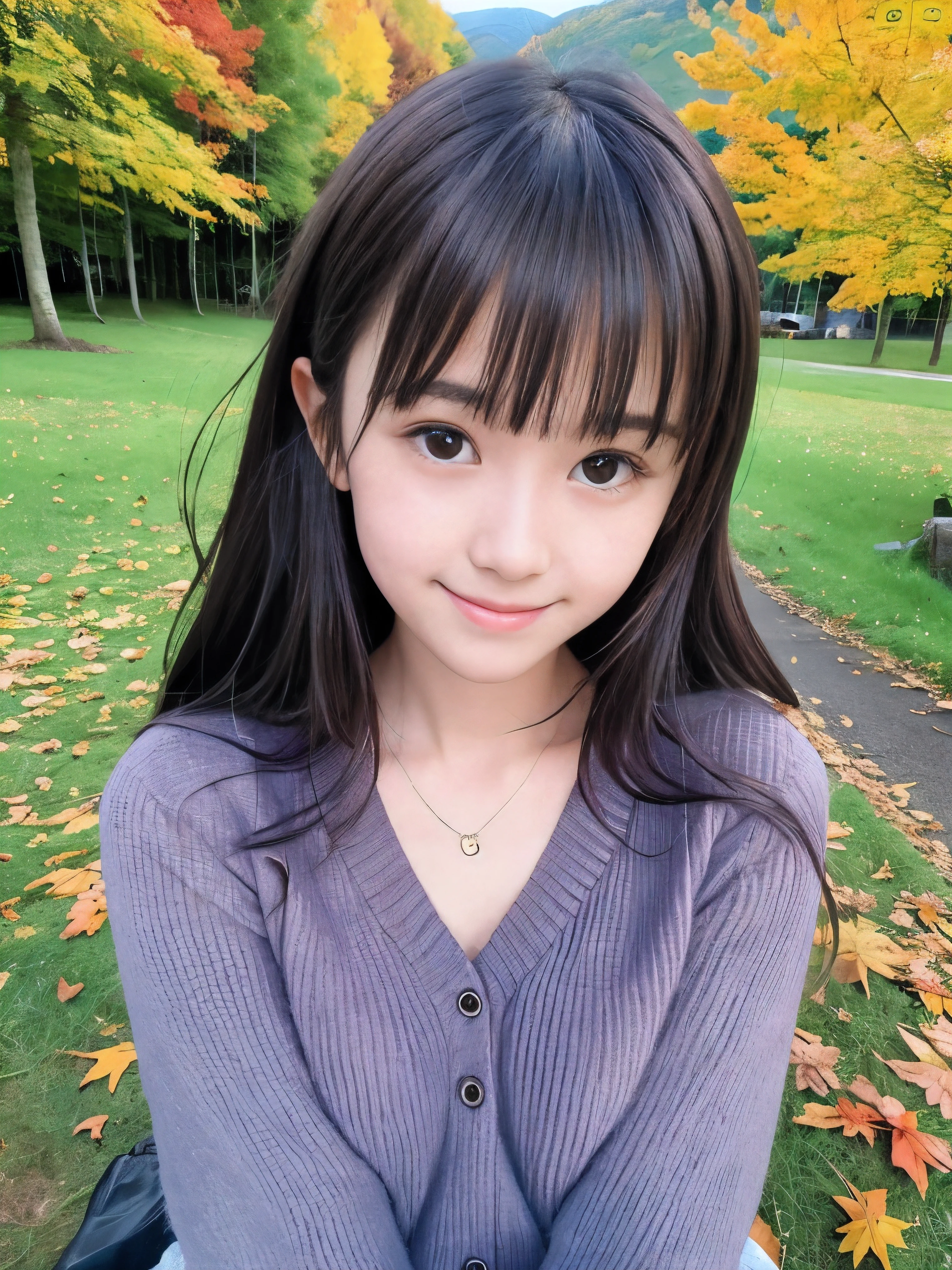 (Close up face shot of one slender small breasts half up brown long hair with bangs girl in a autumn fashion shirt and sweater:1.5)、(One girl is leaning forward with happy smile on the dart road near the lake and big waterfall:1.5)、(Beautiful autumn leaves and mountain view:1.5)、(Natural light:1.5)、(8k ultra detailed master piece:1.5)、(perfect anatomy:1.5)、(Photorealistic stick:1.5)、(Raw photo:1.3)、(highest quality:1.5)、(High resolution:1.3)、(Delicate and beautiful perfect face:1.3)、(Delicate and beautiful eye air skin:1.3)、(Real Human Skin:1.3)、((thin legs))