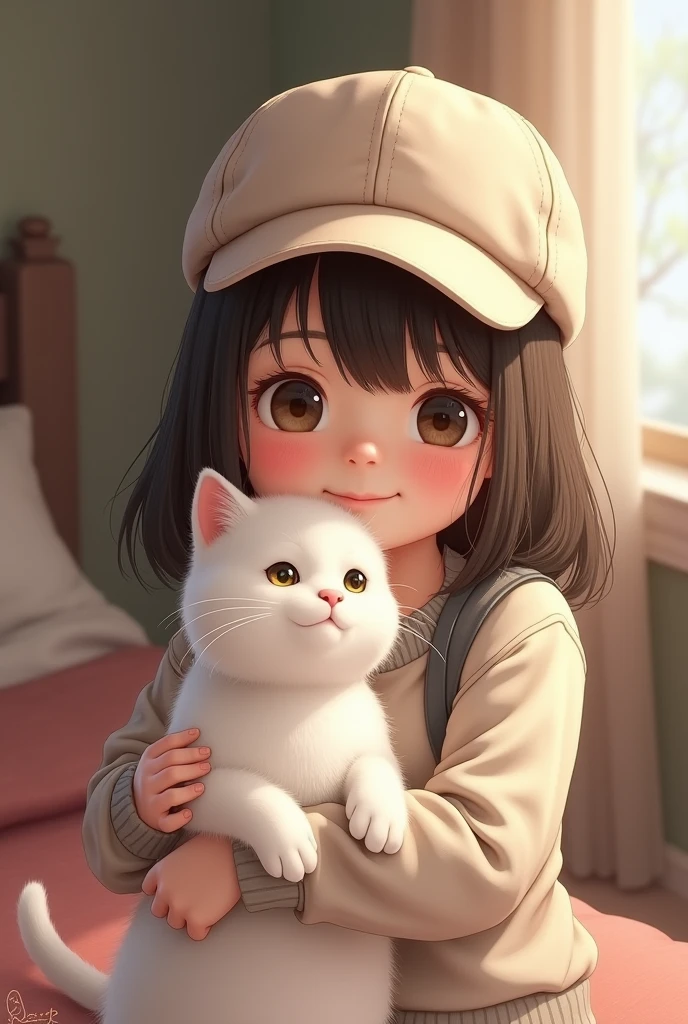A girl holding a white cat and wearing cap