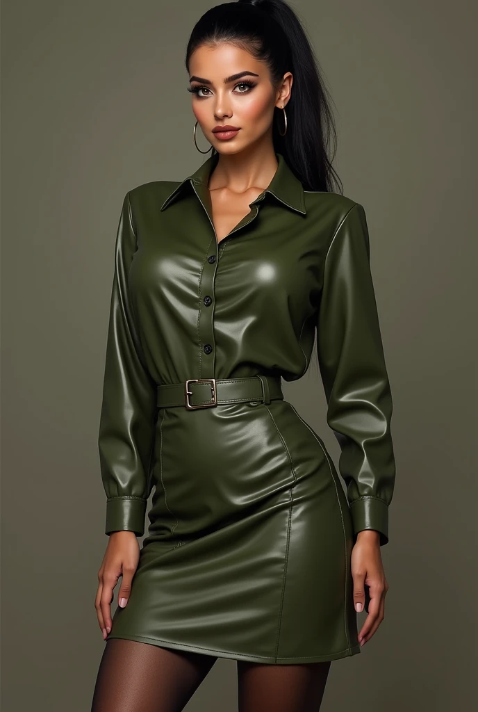 A stunning beautiful busty young female bodybuilder soldier with a voluptuous body, thick strong thighs, huge firm round breasts, hourglass figure and a muscular physique, beautiful detailed eyes, beautiful detailed lips, extremely detailed face, long eyelashes, jet-black hair, ponytail, olive green leather formal shirt, long olive green leather a-line business skirt, stockings, stiletto-heeled shoes, thicc frame, photo-realistic, (best quality,4k,8k,highres,masterpiece:1.2),ultra-detailed,(realistic,photorealistic,photo-realistic:1.37), vibrant colors, dramatic lighting, ((full body portrait)), ((thicc body:1.5)), ((thick thighs)), beautiful green eyes, chic, sexy, attractive, curvy, tiny waist,