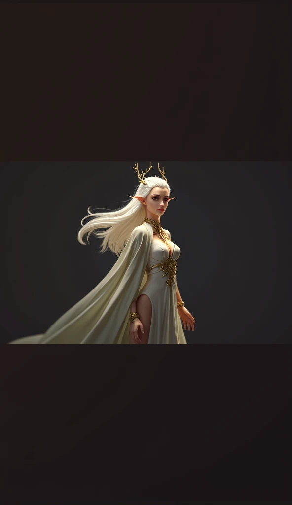 A very beautiful white-haired elf queen wearing a crown of tree branches is walking in a beautiful green garden. Professional. 3d. ,ultra realistic, very detailed, digital art. game art