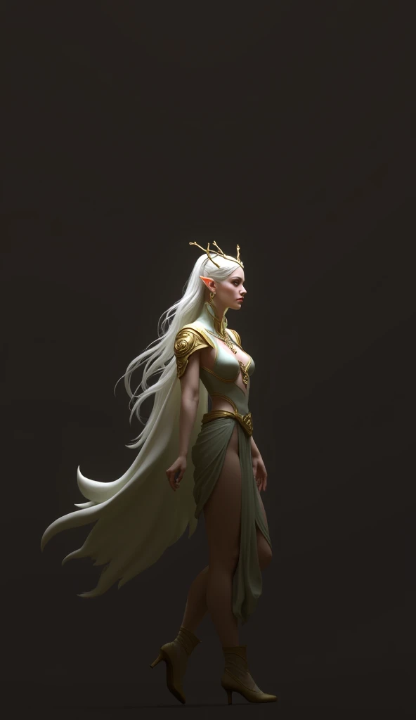 (concept art), (realistic:1.33), In the heart of an enchanted forest, an elven empress adorned with intricate gold and emerald jewelry stands gracefully upon a magnificent ivory platform, as a legion of majestic white stags bow before her, amidst the swirling golden leaves of autumn and the soothing melodies of a mystical woodland choir, (high quality, intricate, highly detailed, good anatomy, good proportions, good composition, subsurface scattering, volumetric light, good highlights, good shading, award winning, masterwork, masterpiece:1.33),