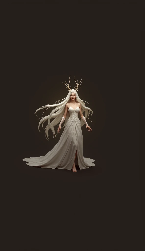 A very beautiful white-haired elf queen wearing a crown of tree branches is walking in a beautiful green garden. Professional. 3d. ,ultra realistic, very detailed, digital art. game art