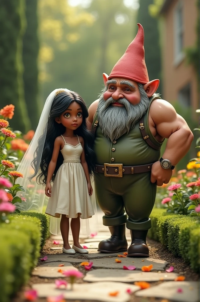 A very small, extremely small girl named Antonina with dark skin and long black hair finds herself at her wedding with a muscular garden gnome