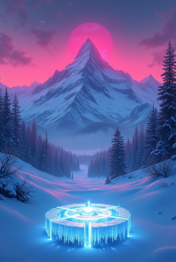 I need a 80s styled, sythwave artwork poster, without people, which has a neon winter theme, put a logo on the bottom of the arwork, the logo should look like if it's made out ice: FROSTI'S BIRTHDAY BASH 