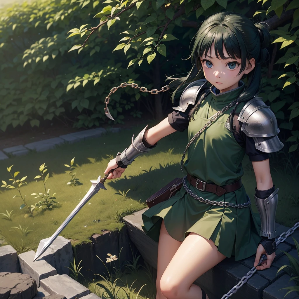 最high quality、high quality、Simple Cloth Armor、１０Year-old girl adventurer、Equipped with a weapon that has a short chain at the end of a stick and a spiked iron ball at the end of the chain、In a dark maze、Dark green armor