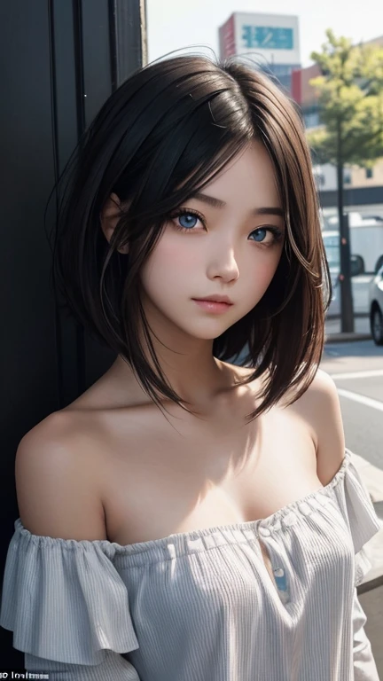 a girl who has short, beautiful shoulder-length hair and eyes that have the impression of a sharp gaze and has a cheeky and indifferent facial gesture