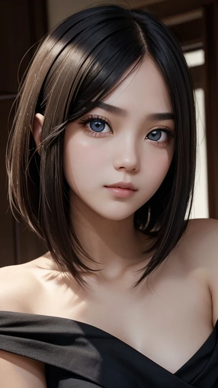 a girl who has short, beautiful shoulder-length hair and eyes that have the impression of a sharp gaze and has a cheeky and indifferent facial gesture