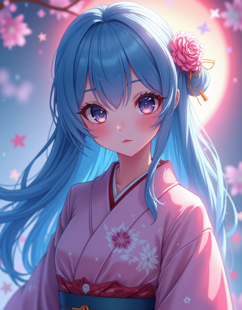 anime ,Wearing Yukata、Beautiful with long blue hair, Detailed face with large expressive eyes, Detailed lips, Long eyelashes, Sailor Moon, Magical girl, Fantasy, Soft lighting, Vibrant colors, Structure of the film, Digital Art, Very detailed, masterpiece, (Highest quality,4K,8k,High resolution,masterpiece:1.2),Very detailed,(Realistic,photoRealistic,photo-Realistic:1.37)