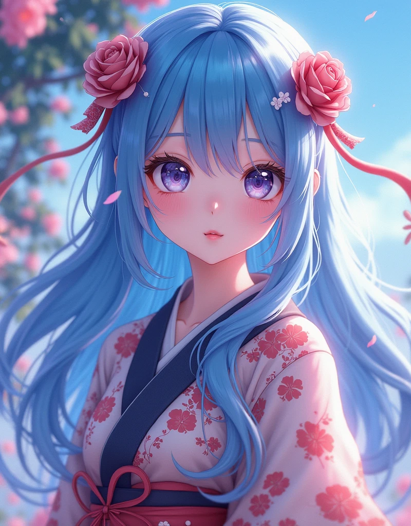 anime ,Wearing Yukata、Beautiful with long blue hair, Detailed face with large expressive eyes, Detailed lips, Long eyelashes, Sailor Moon, Magical girl, Fantasy, Soft lighting, Vibrant colors, Structure of the film, Digital Art, Very detailed, masterpiece, (Highest quality,4K,8k,High resolution,masterpiece:1.2),Very detailed,(Realistic,photoRealistic,photo-Realistic:1.37)