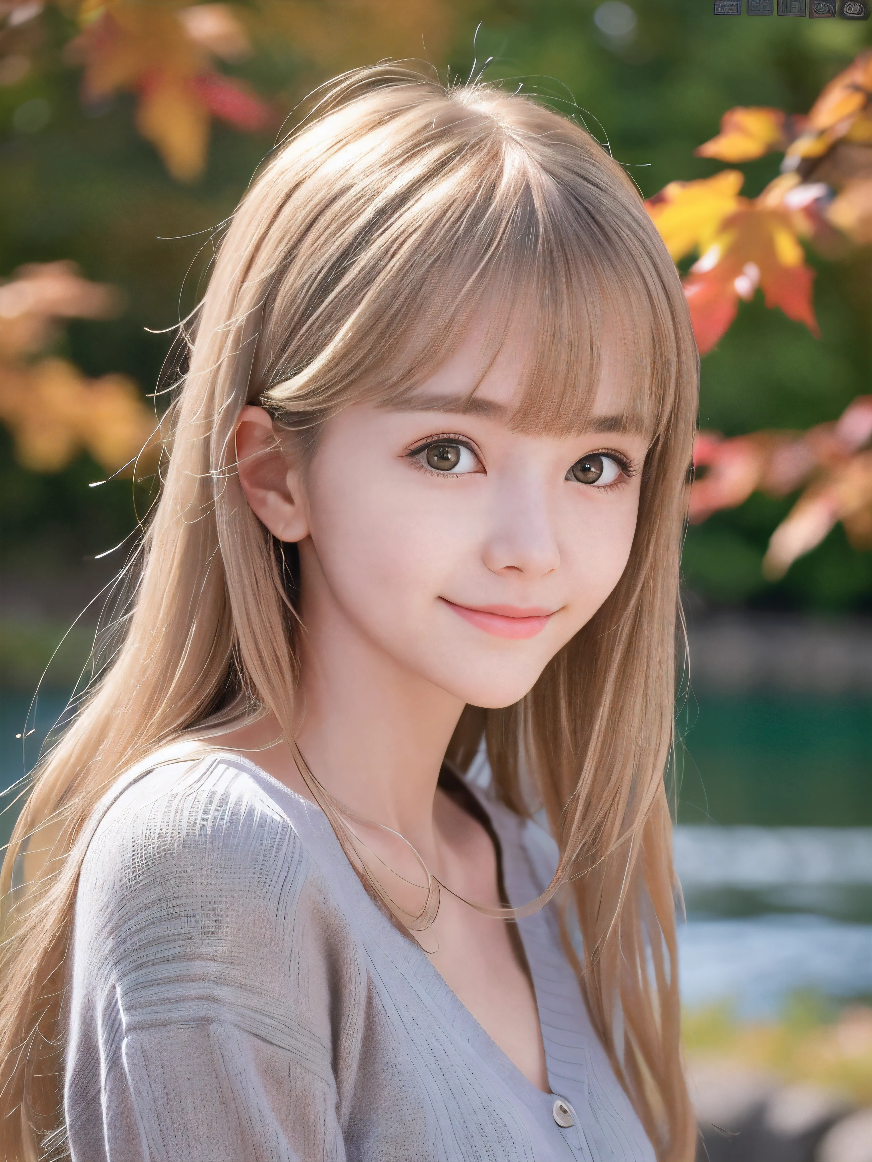 (Close up face shot of one slender small breasts half up blonde long hair with bangs girl in a autumn fashion shirt and sweater:1.5)、(One blonde hair girl is leaning forward with small smile on the dart road near the lake and big waterfall:1.5)、(Beautiful autumn leaves and mountain:1.5)、(Natural light:1.5)、(8k ultra detailed master piece:1.5)、(perfect anatomy:1.5)、(Photorealistic stick:1.5)、(Raw photo:1.3)、(highest quality:1.5)、(High resolution:1.3)、(Delicate and beautiful perfect face:1.3)、(Delicate and beautiful eye air skin:1.3)、(Real Human Skin:1.3)、((thin legs))