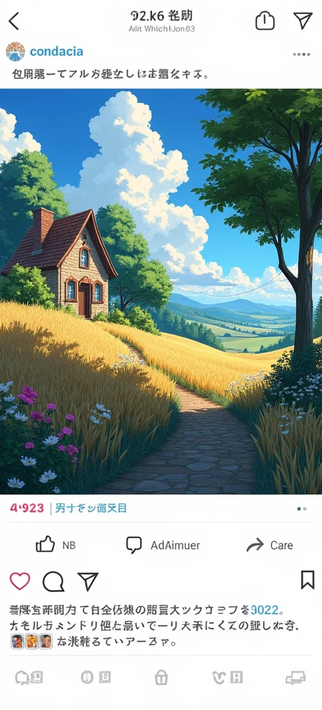 Anime theme, "A charming stone cottage nestled on the edge of a golden wheat field under a vast blue sky with fluffy white clouds. A narrow, winding dirt path lined with wildflowers leads through the field, guiding the viewer's eye toward distant rolling hills and lush green trees. The sunlight bathes the entire scene, casting warm and inviting shadows, creating a peaceful countryside ambiance."