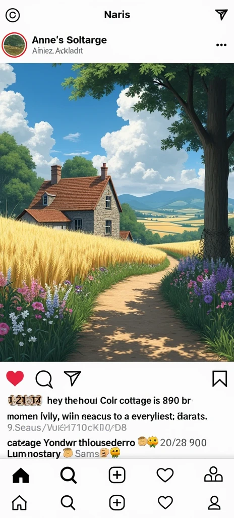 Anime theme, "A charming stone cottage nestled on the edge of a golden wheat field under a vast blue sky with fluffy white clouds. A narrow, winding dirt path lined with wildflowers leads through the field, guiding the viewer's eye toward distant rolling hills and lush green trees. The sunlight bathes the entire scene, casting warm and inviting shadows, creating a peaceful countryside ambiance."