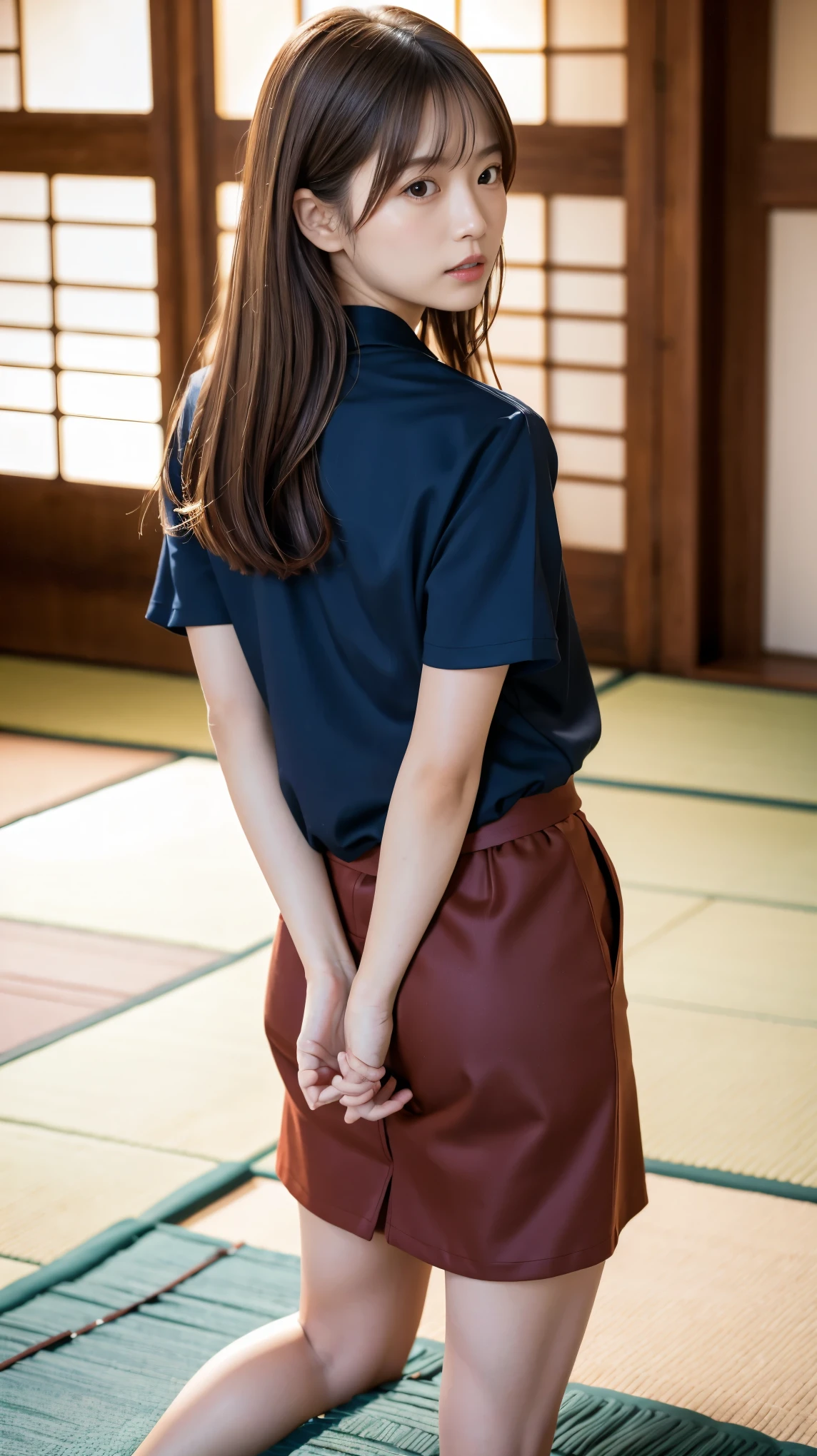 Highest quality, detailed, beautiful, insanely detailed, Absurd, Japanese women, Age 27, (thin), Light brown hair, Shiny Hair, Straight Hair, Delicate hair, Model body type, Hands should be put around the back, shibari, Bind tight, Wear a red short-sleeved blouse, Wear a navy blue skirt, Japanese Room , Standing on tatami mats , Viewer view from the front, Anatomically correct body, whole body,