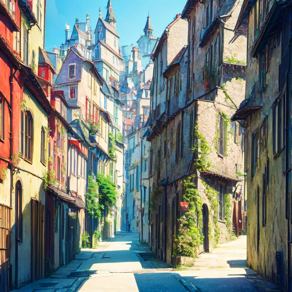 European style narrow alley，Just like the wizarding world of Harry Potter， animated wallpaper art, anime style cityscape, A magical and colorful world of magic， beautiful anime scenery, There are orcs on the street，Leprechaun，Little monsters talking on the street