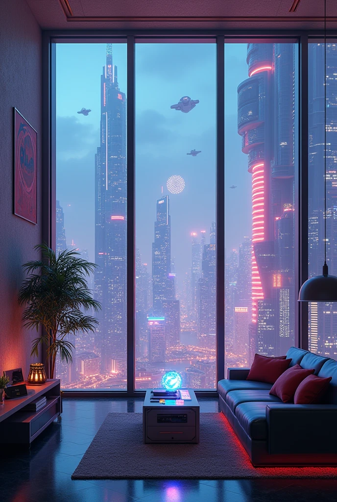 Penthouse with a cyberpunk futuristic city view