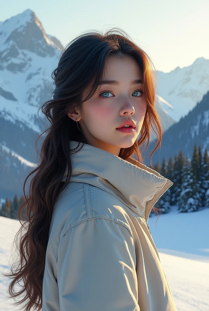 realistic dream painting style, beautiful young happy very beautiful girl, blue charming eyes, sophisticated face, brown black long hair, wearing only winter warm jacket, mountains (airbrush painting, detailed style), soft lighting, 8k