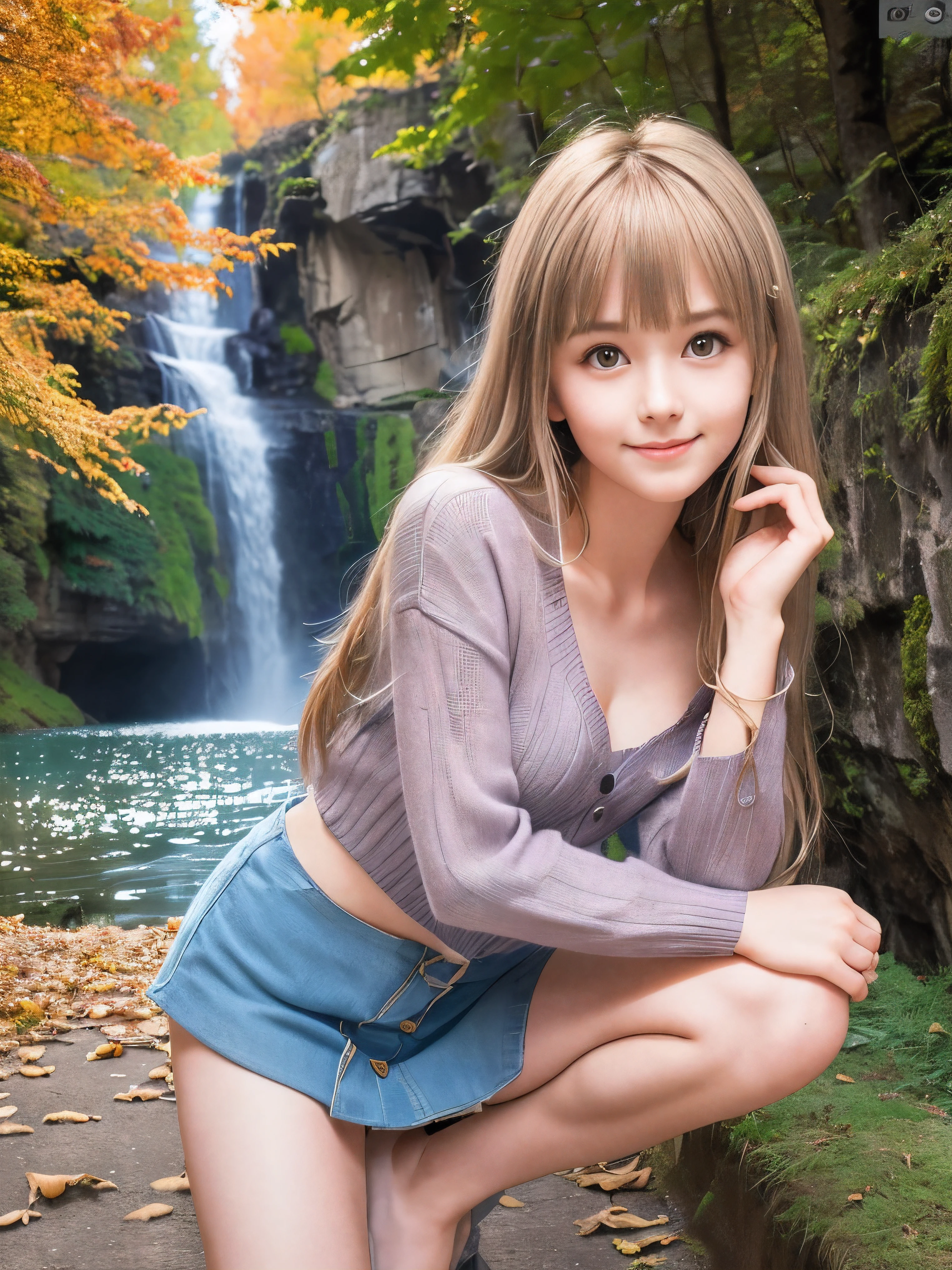 (Close up face shot of one slender small breasts half up blonde long hair with bangs girl in a autumn fashion shirt and sweater:1.5)、(One blonde hair girl is leaning forward with small smile on the dart road near the lake and big waterfall:1.5)、(Beautiful autumn leaves and mountain:1.5)、(Natural light:1.5)、(8k ultra detailed master piece:1.5)、(perfect anatomy:1.5)、(Photorealistic stick:1.5)、(Raw photo:1.3)、(highest quality:1.5)、(High resolution:1.3)、(Delicate and beautiful perfect face:1.3)、(Delicate and beautiful eye air skin:1.3)、(Real Human Skin:1.3)、((thin legs))