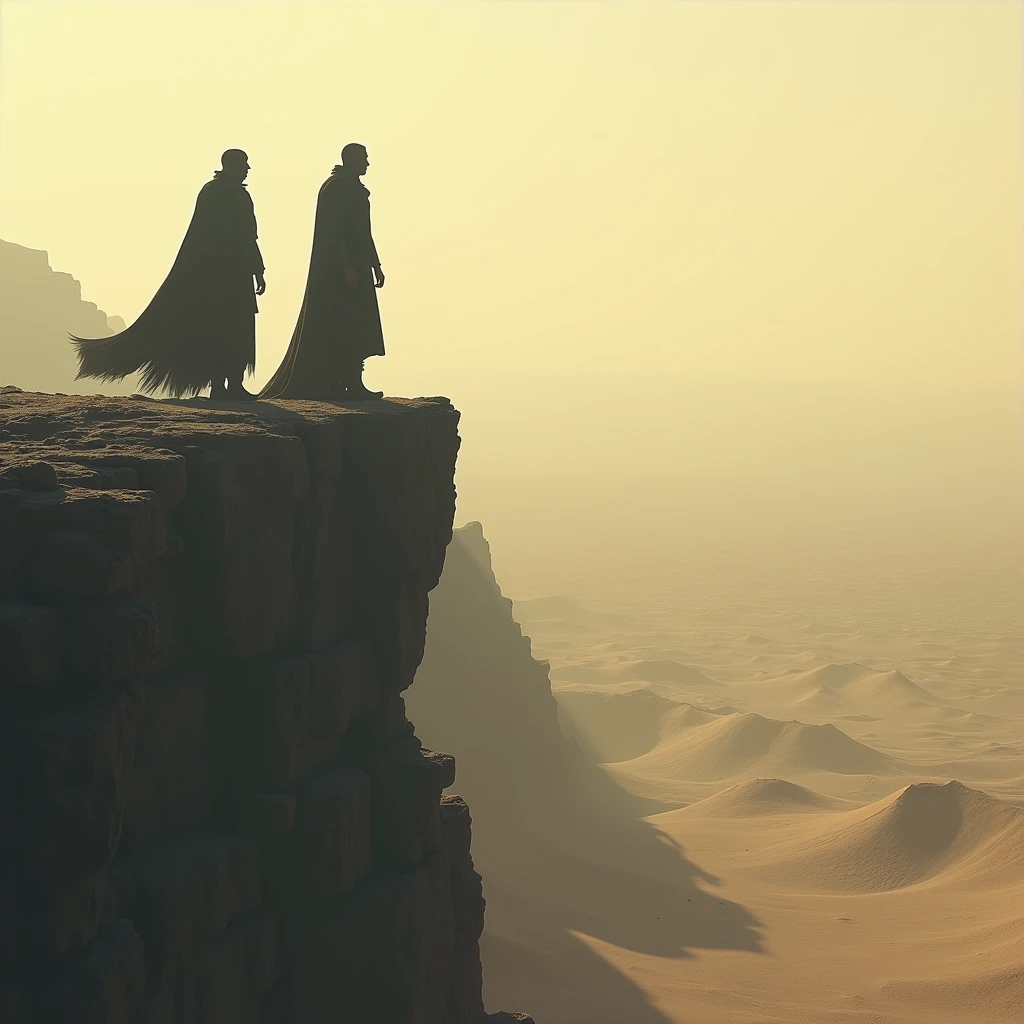 Create an image of 2 men in the form of shadows, standing on a cliff in a desert. Title (all in)