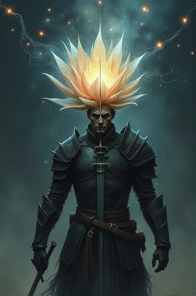 A warrior stabbed himself with a sword forming a cosmos flower