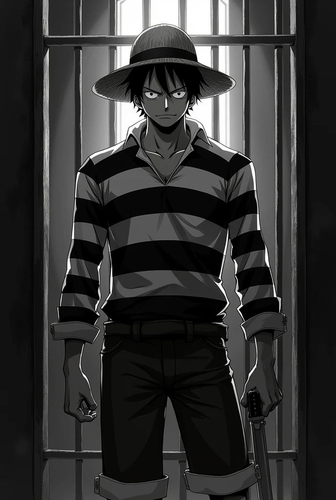 Monkey D. Luffy in a black and white striped long sleeve prison uniform with a knife