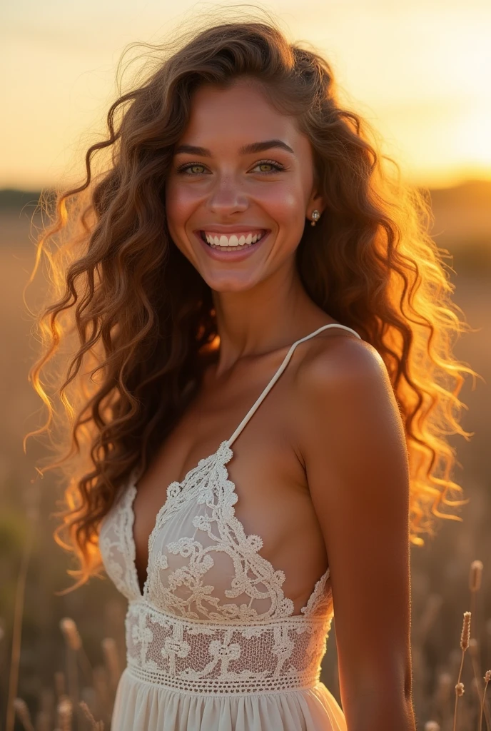 Generate a high-resolution image of a stunning young woman with piercing green eyes, long curly brown hair, and a bright smile. She has a radiant complexion with a subtle golden glow, and is posing in a elegant white sundress with delicate lace details. The background is a soft, dreamy landscape with a warm sunset hue. Her expression is confident and joyful, with a hint of playfulness. The style is reminiscent of a romantic, ethereal photoshoot