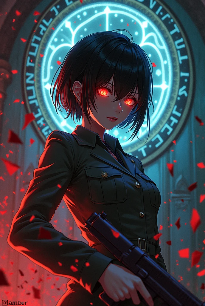 (Masterpiece:1.2), best quality, (illustration:1.2),eye focus,(Masterfully crafted Glow:1.3), (ultra-detailed), hyper details, (delicate detailed), (intricate details), (cinematic light, best quality Backlights), clear line,solo female,(Fear,Nightmare,Tension,Suspense,Murder), solo female,  (1girl), tsunemori akane, short hair, military uniform,holding gun, ,(Bright bioluminescent hair, glowing bright red eyes), (succubus drenched in blood), wide open eyes,succubus, (Dynamic:1.2), ((makeup)), high contrast, (best illumination, an extremely delicate and beautiful), ((cinematic light)), colorful,((Photoshop Pastel Painting:1.1)), horror, (Cinematic masterpiece), fierce, powerful, splashes of blood, absolutly eye-catching, ((colourful blood splashes on background, dulux,)), ((caustic)), dynamic angle,beautiful detailed glow, (Captivating),(Intricate Detailed Cinematic Background),scary, ornate background, detailed magic circle, colour dodge, light motion blur, blood splatter, swirling black light around the character, depth of field,black light particles,(broken glass),magic circle, grotesque scene, (holy war action scene, intricate battlefield),(Bloodbath:1.1), red rain, (raining blood)