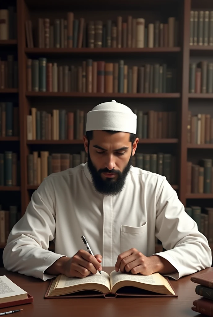 The image shows a 3 single muslim man with handsome face using white robe sitting in a quiet study room, surrounded by Islamic scriptures, books and stationery. On the table in front of him was an open Koran. The student looked focused and solemn in reading and memorizing, with an expression of perseverance and concentration. The background shows an atmosphere that supports learning, such as bookshelves and soft lighting. Above the image, there is text that reads: "Hafalan yang mutqin adalah akibat dari muroja'ah yang terus-menerus", emphasizing the importance of consistency in repeating memorization to achieve accuracy and thoroughness.