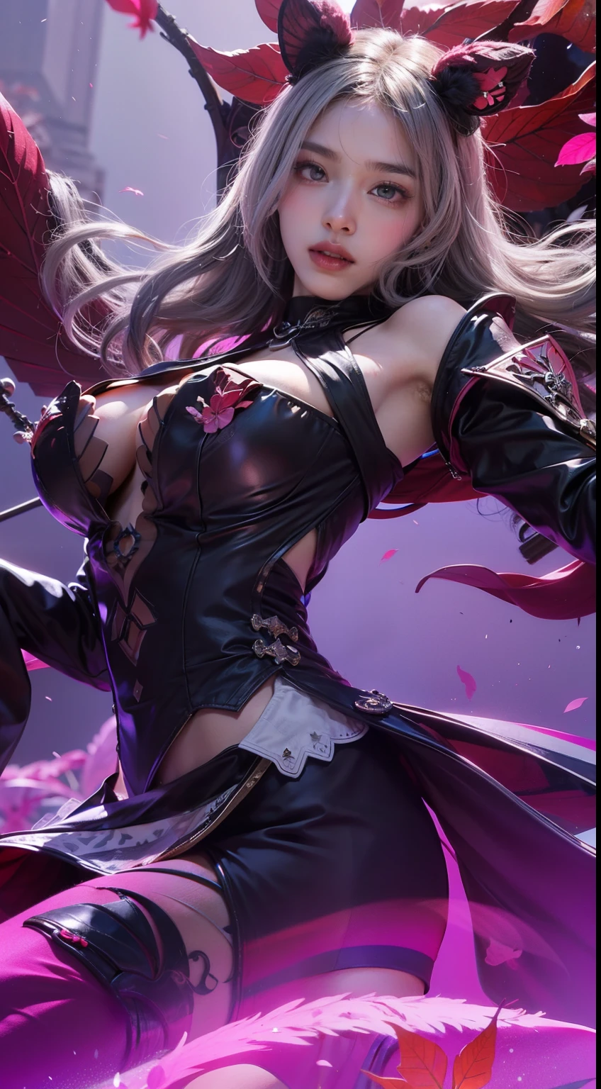Light gray hair, pink eyes, pink and white, sakura leafs, vivid colors, white dress, paint splash, simple background, ray tracing, wavy hair