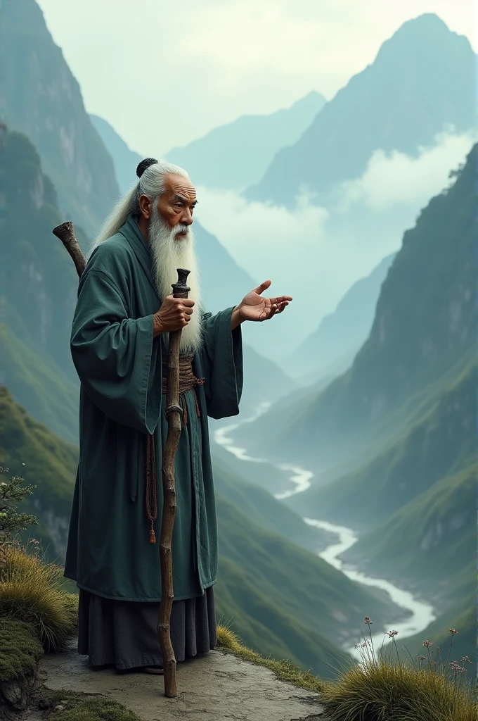 A wise, elderly Asian man with a long beard, standing at the beginning of a long path through a tranquil, misty mountain landscape. He is holding a walking stick and speaking with calm authority.