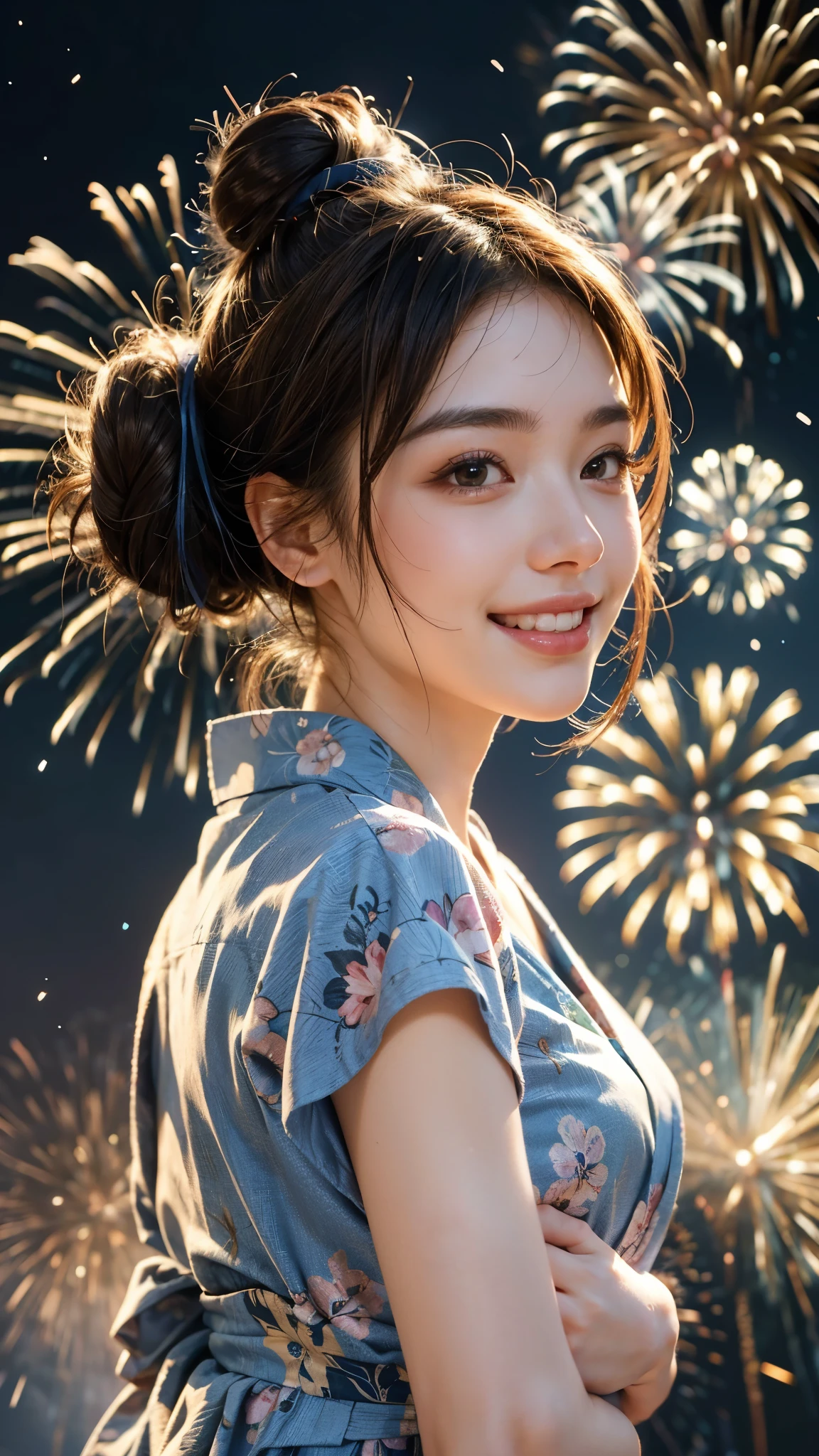 Highest quality, masterpiece, Ultra-high resolution,8k, (Realistic:1.6), (Portrait at the fireworks festival:1.4) RAW Photos,((Back view in blue yukata)),((Full body photo)),1 person,Fireworks in the night sky,Two slim adult women,((A big smile showing all teeth )) ,((Bun Hair)),((Looking up at the audience)),Face Focus:1.4,