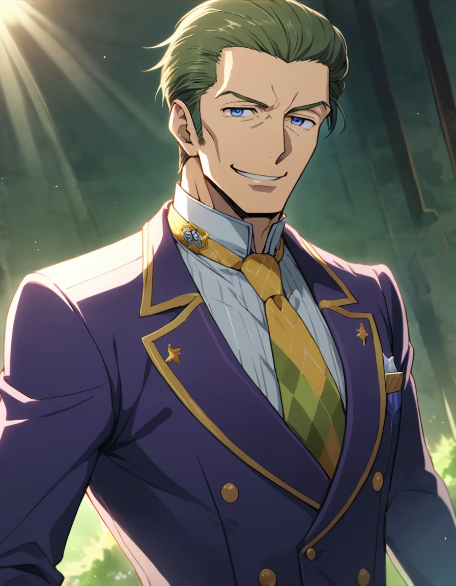 1man, (mature dad in ail-soft style, dandy president, moss olive hair, deepblue eyes, arafed spiky hair slicked back), ideal ratio body proportions, BREAK (over 30s, elder producer, toned dilettante, high cheekbones, broad shoulder, square shaped face, handsome, beautiful detailed eyes, under 40s), BREAK (violet formal jacket, purplewhite shirt, yellow necktie, simple costume), BREAK solo, cool smile, smart emotion, BREAK upperlegs, romantic expression, 2000s, old hentai CG, in Ribahara Aki style, BREAK depth of field, dutch angle, cinematic shadows, cinematic lighting, lens flare, light leaks, texture, absurdres absolutely resolution, extreme all detailed, greatest paint, BREAK masterpiece, best quality, BREAK score_9, score_8_up, score_7_up, source_anime, rating_safe, score_6_up, score_5_up, score_4_up