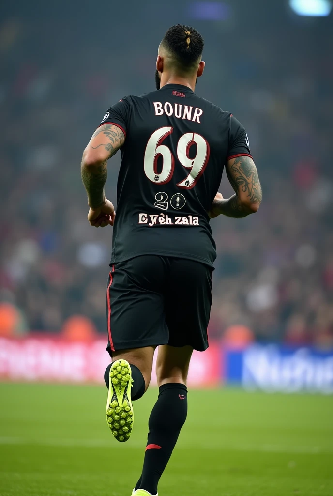 Young 2 sexy tough gangster with black hair shaved on the sides with braids brown eyes thick lips athletic body masculine energy and defined chin sexy short trimmed beard colored tattoo marked biceps wears Homme in black color Muslim style is a PSG soccer player wears Paris Saint Germani sportswear with number 69 on the shirt fluorescent green Nike Mercury boots is in a stadium,is running image taken from behind where it shows the number