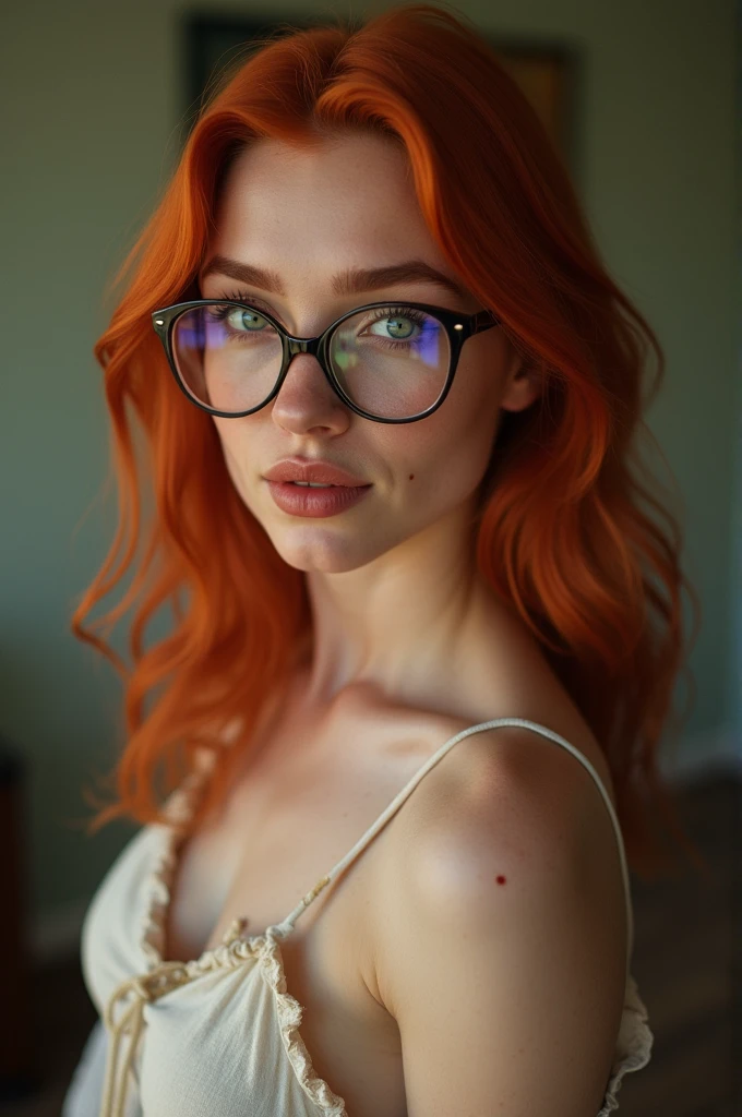 A red-haired female influencer with green eyes, an innocent look and full lips. freckles on her cheeks. medium breasts. A mole on the right breast. rounded buttocks. wears glasses. Sexy. attractive. Full body wide shot from head to toe. in 8k. very detailed, pantalon de sport, visage coquin, huilé,dans la douche
