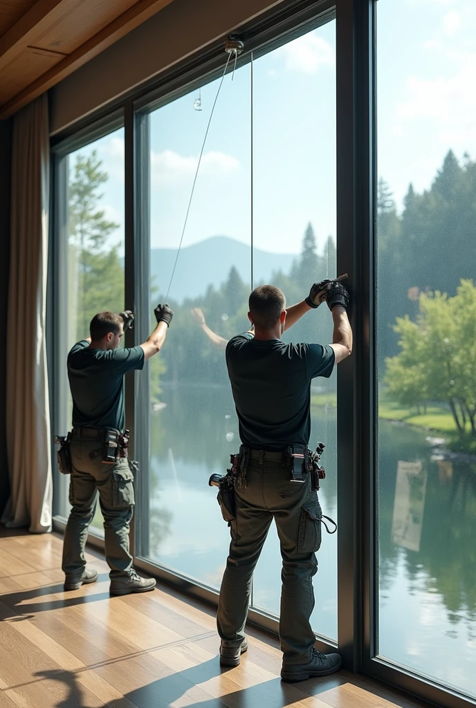 A professional window installation team applying transparent protective film to a large modern glass window in a high-end residential setting, highlighting the precision and care in their work