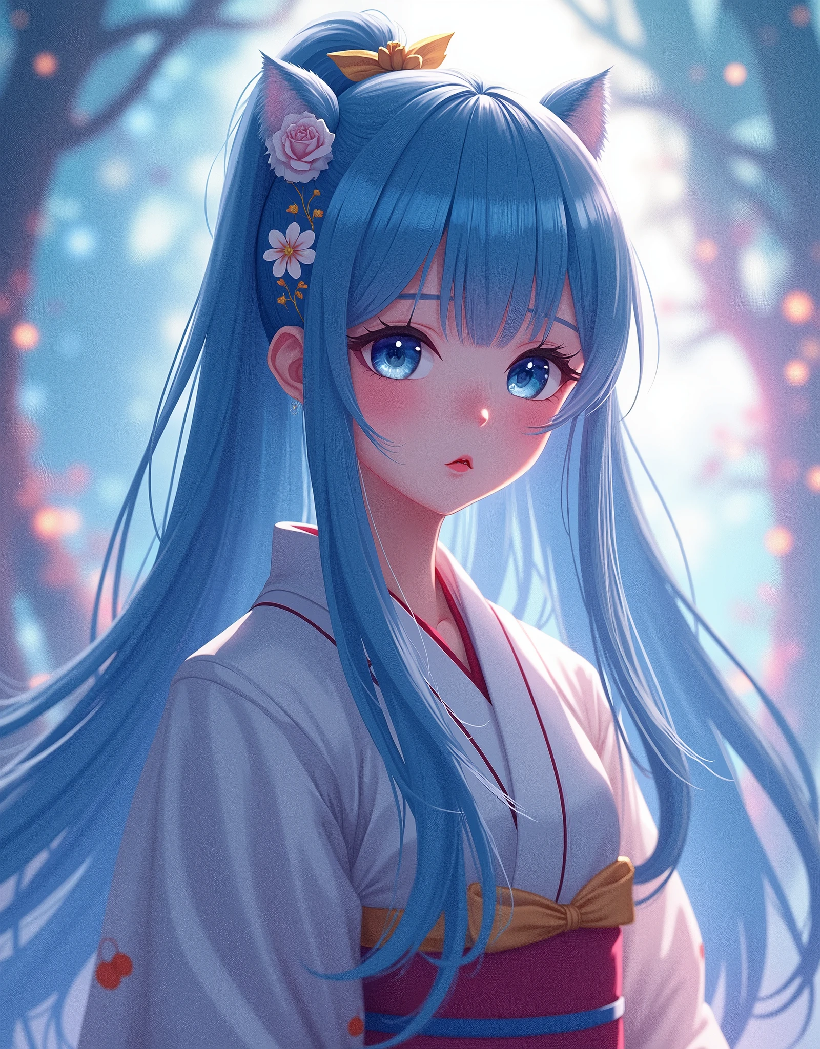 anime ,Wearing Yukata、Beautiful with long blue hair, Detailed face with large expressive eyes, Detailed lips, Long eyelashes, Sailor Moon, Magical girl, Fantasy, Soft lighting, Vibrant colors, Structure of the film, Digital Art, Very detailed, masterpiece, (Highest quality,4K,8k,High resolution,masterpiece:1.2),Very detailed,(Realistic,photoRealistic,photo-Realistic:1.37)