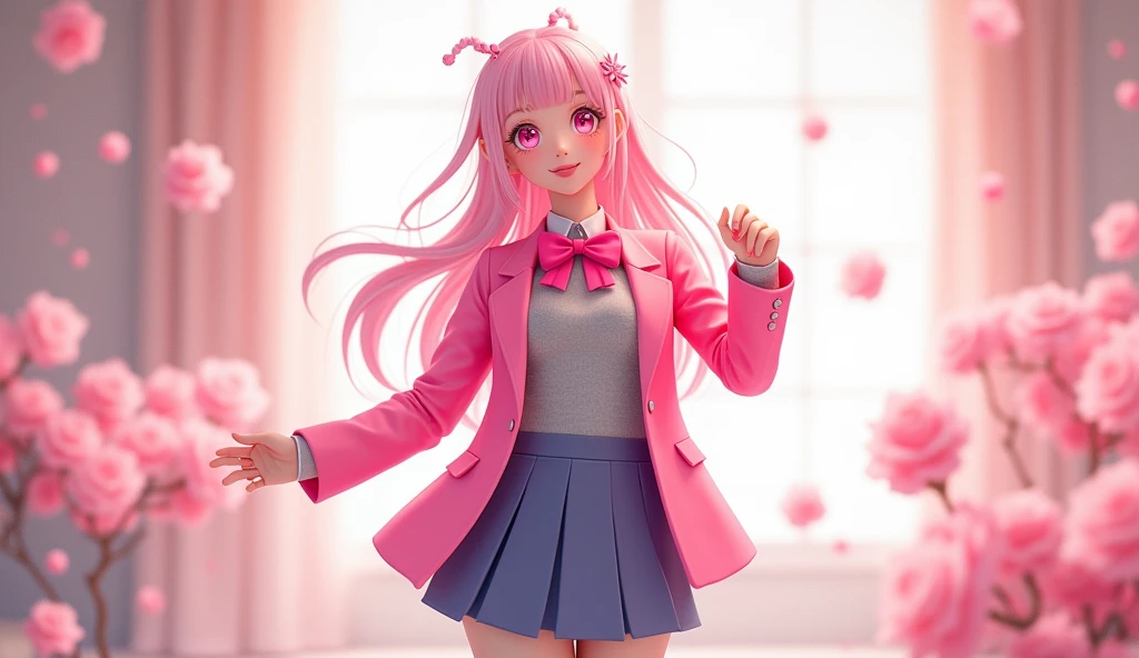 pink hair, be happy, smile, pink short hair, smooth and straight, pink eyes,Beth.,Spiritual World,((table top)),((best quality)), 1 girl comes in, jacket, (alone:1.6), hair accessories, pink eyes, bow, bow tie, pink bow tie, fashion suit jacket, Pink bow, look at viewer, Gray sweater, Blue school uniform, coat, Blue pleated mini skirt , (simple background:1.6), (white background:1.6) (realistic, realistic,:1.1) Dynamic angle, Holding hands with someone in first person perspective