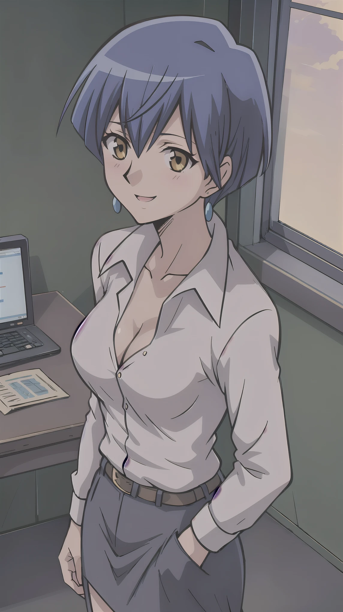 ((super high quality,))((Ultra-high resolution,))(16K,)(super masterpiece,)((Ultra HD ,))(Detailed shading,)One sexy office lady,Cleavage,popped Tight collar White shirts,smile,Office in the morning sun,