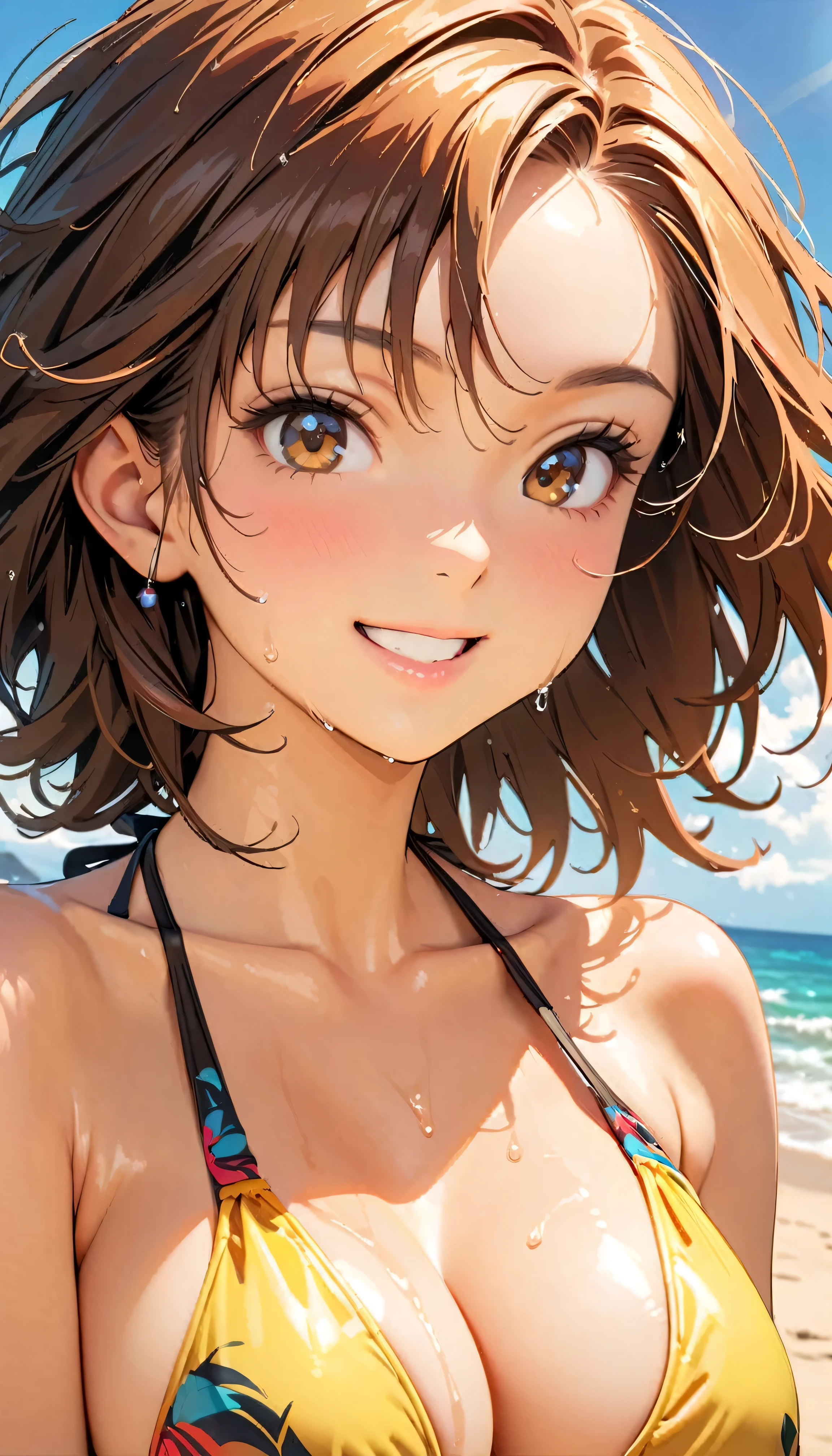 (Highest quality:1.2, Very detailed, up to date, Vibrant, masterpiece:1.2, Highest quality, Best aesthetics), smile, ((Face Up Shot:1.4)), 1980s style, 8K Ultra HD, Background Blur, smile, One Woman, Woman in bikini, Strong sunlight, Seaside, sunny, Summer sunshine, Wet Skin, Sandy Beach, Dynamic Angle, dynamic, Get excited