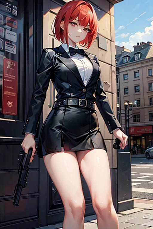 Highest quality、Ultra HD、One Woman、(Red Hair Short Bob 1.3)、(Black blazer 1.3)、(Black bow tie)、(shirt)、(Black Leather Shoes 1.1)、((Black Mini Tight Skirt))、((Thigh 1.2))、((One with a gun in each hand.5))、stylish、(Beautiful face with sharp eyes 1.2)、(Leather belt 1.2)、2. Women、thin、(Daytime city background 1.2)、((Clear and beautiful touch))