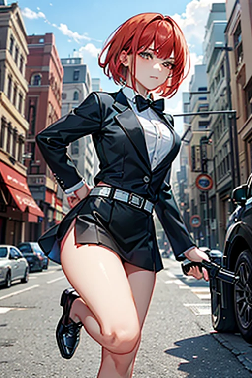 Highest quality、Ultra HD、One Woman、(Red Hair Short Bob 1.3)、(Black blazer 1.3)、(Black bow tie)、(shirt)、(Black Leather Shoes 1.1)、((Black Mini Tight Skirt))、((Thigh 1.2))、((One with a gun in each hand.5))、stylish、(Beautiful face with sharp eyes 1.2)、(Leather belt 1.2)、2. Women、thin、(Daytime city background 1.2)、((Clear and beautiful touch))