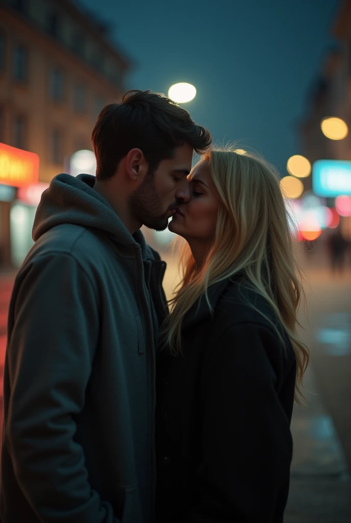 make a picture of a Russian 1 guy with a hoodie and a blonde girl, both not seen with faces
at night like a fun blurry moment