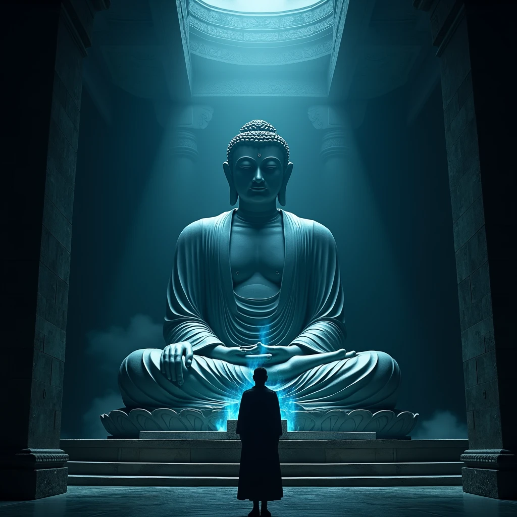 A giant Buddha statue sits in the Temple of Darkness、Illuminated by a pale blue flame
