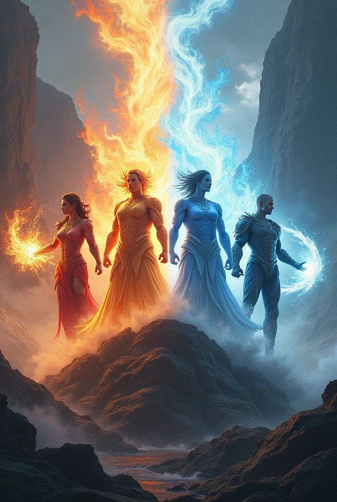 make a 4 character and each of them has elemental powers (1 for fire, 1 for air, 1 for water and 1 for rock)