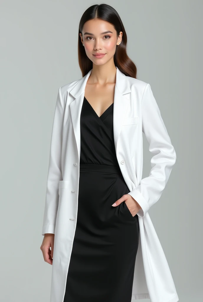 an avatar girl with a black dress and a lab coat on top she is a full cup beautician in png