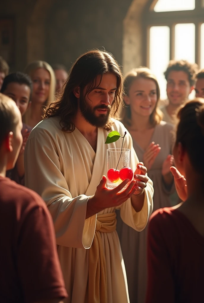 Jesus turning a glass of water into a cherry(being applauded for the feat)