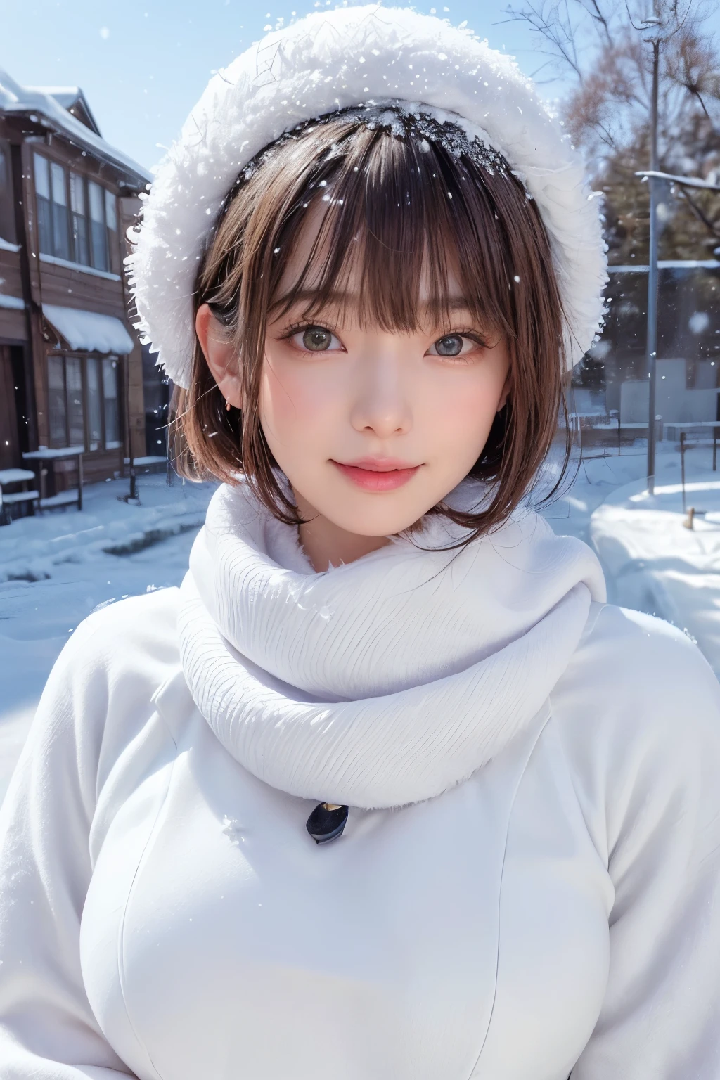 (masterpiece, Highest quality),One Girl, solo, Black-haired, scarf, hat, Realistic, Realistic, Looking at the audience, Light-coloured black eyes, Short brunette bob hair, Brown coat, Winter clothes, White headscarf, Lips, Bans, Plein Air, Mouth closed, Upper body、Big eyes、Eyelashes、((Beautiful landscape with sparkling snow:1.4、Snowing background:1.5、Large snowflake motif:1.6、Beautiful snowy landscape background with no people around:2))、(((Short bob hair with bangs、Shiny Hair、Big eyes、large full chest、Intensely accentuates the eyes、Staring at the audience、Beautiful beauty、Listen carefully、Long neck、Smile a little、Please close your mouth and laugh、Ideal body proportions)))、{huge|big|hugeな|Mega} chest:2, chestの谷間:2、
