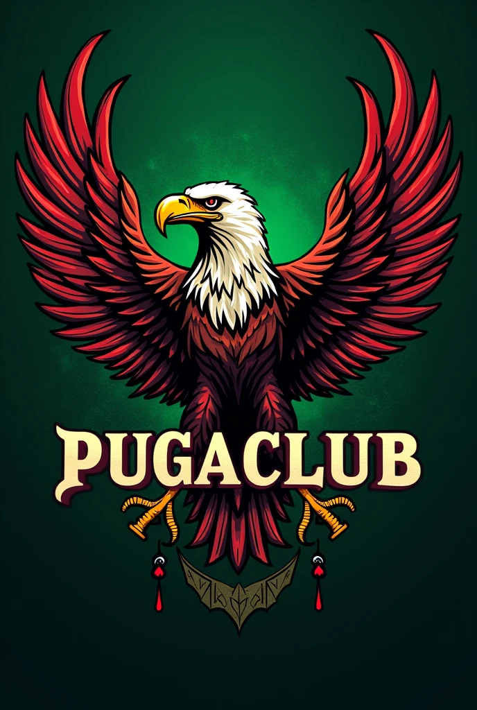 Create a logo with the name PugaClub. I want it to be green and allude to extreme Mexican nationalism., and at the same time allude to the academic field, Put Nazi details on the logo and make it an easy to remember and intimidating logo. Don&#39;t use dogs in the logo., Instead he uses an eagle, and remember, The logo must bear the name PugaClub 